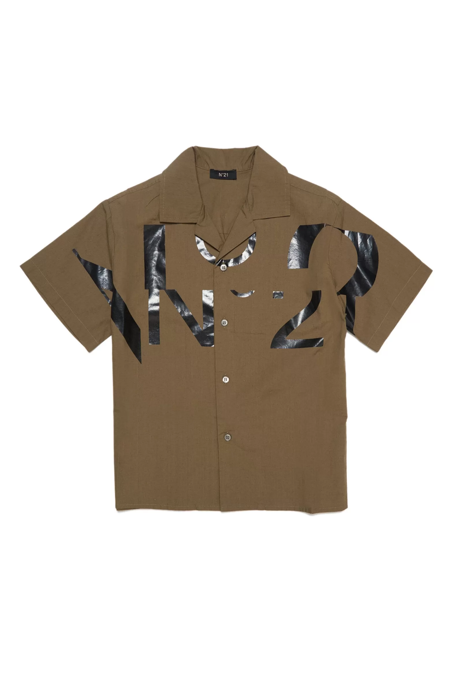 Camicie<N°21 Camicia Verde Militare In Popeline Con Logo Sezionato Verde Oliva Scuro