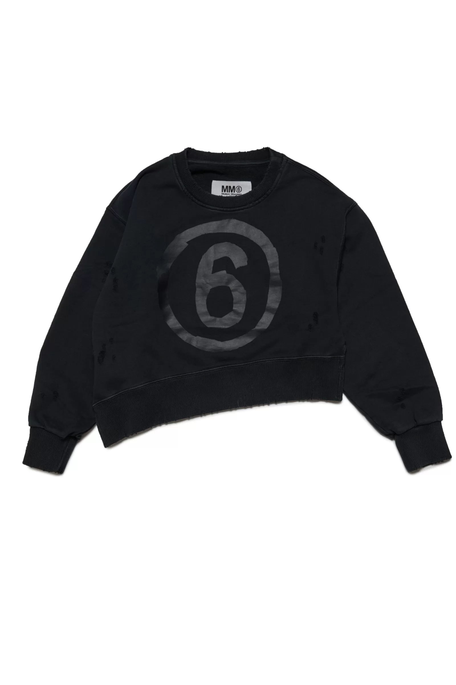 Felpe<MM6 MAISON MARGIELA Felpa Crop Girocollo In Cotone Con Logo E Rotture Nero Denim