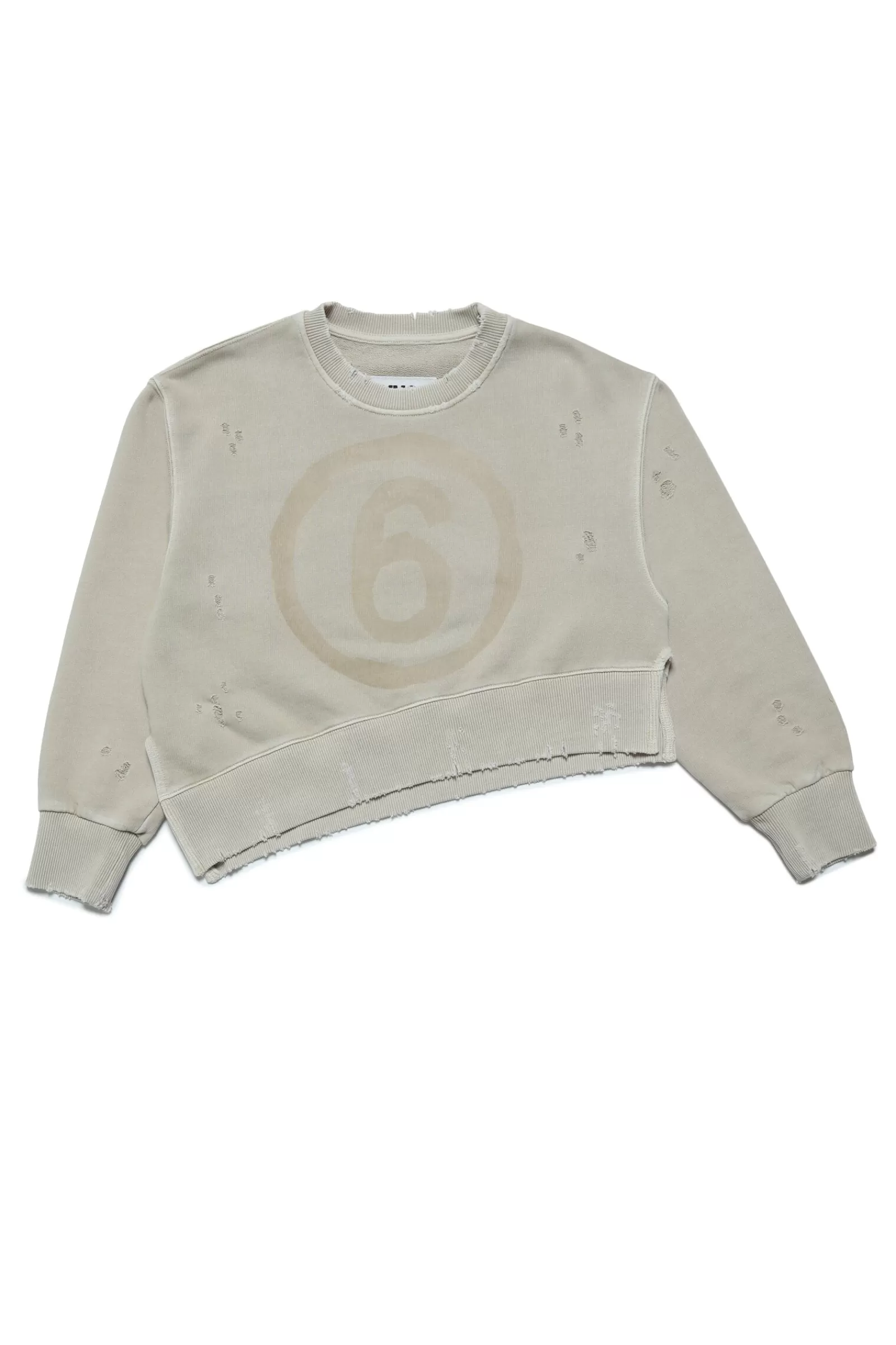 Felpe<MM6 MAISON MARGIELA Felpa Crop Girocollo In Cotone Con Logo E Rotture Cammello Chiaro