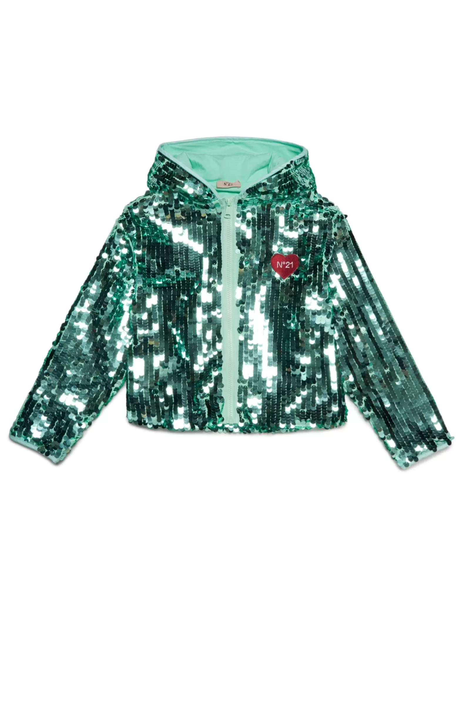 Giacche E Piumini<N°21 Giacca In Paillettes Con Cappuccio E Zip Frontale Verde Menta