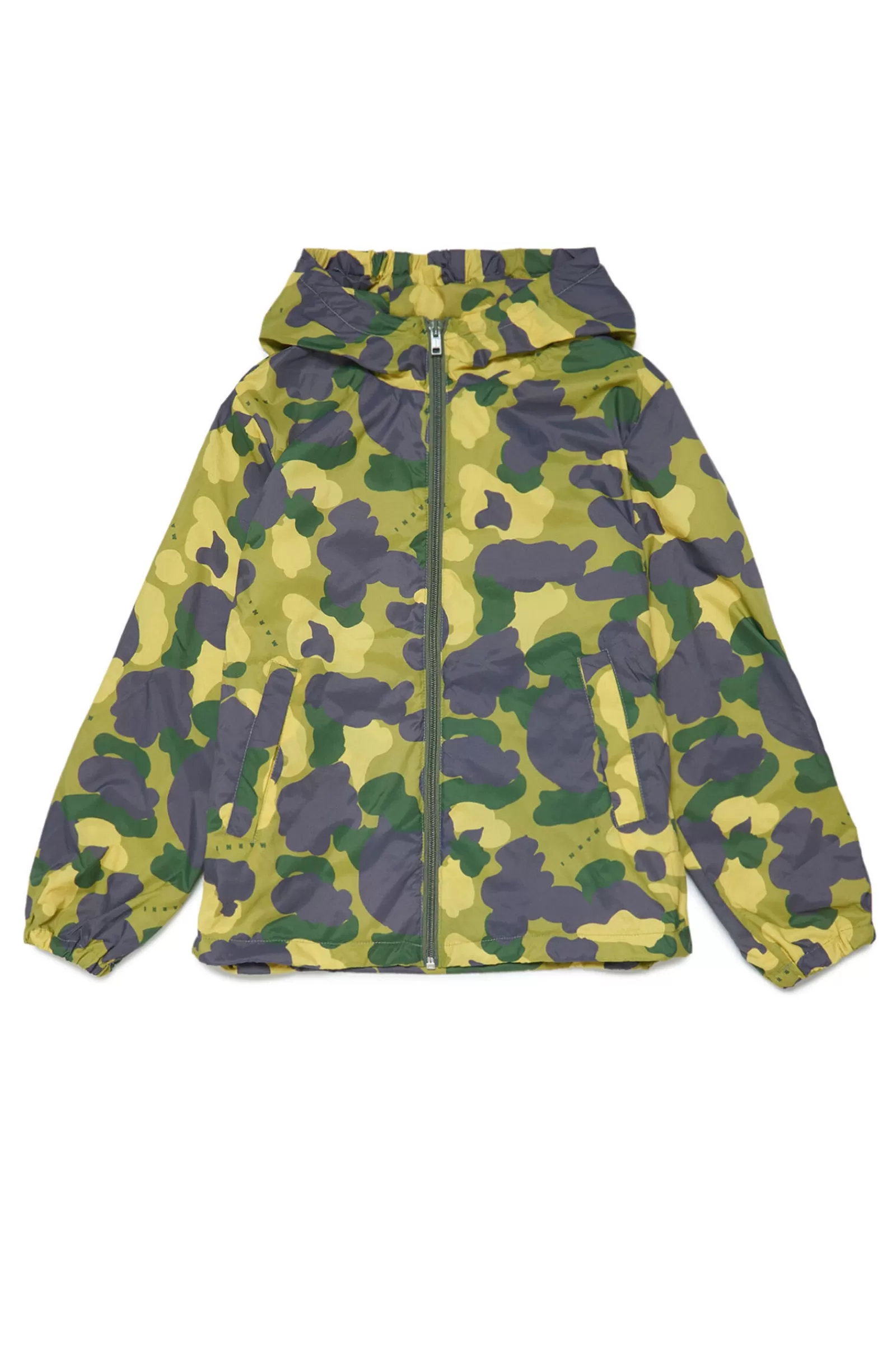 Giacche E Piumini<MARNI Giacca Verde Con Cappuccio E Motivo Allover Camouflage Verde Oliva