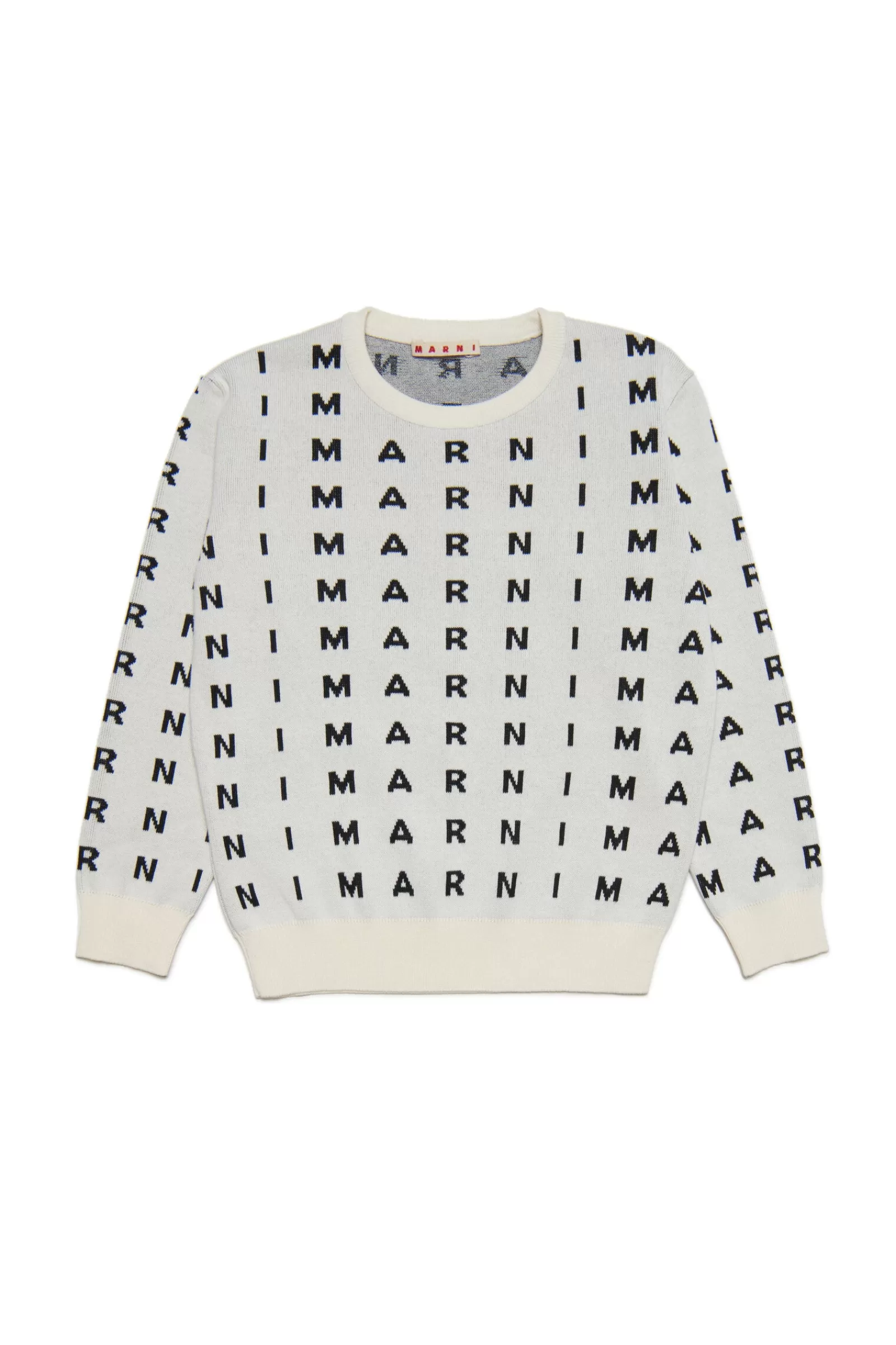 Maglieria<MARNI Maglione Bianco Girocollo In Cotone Con Logo Allover Intarsiato Latte