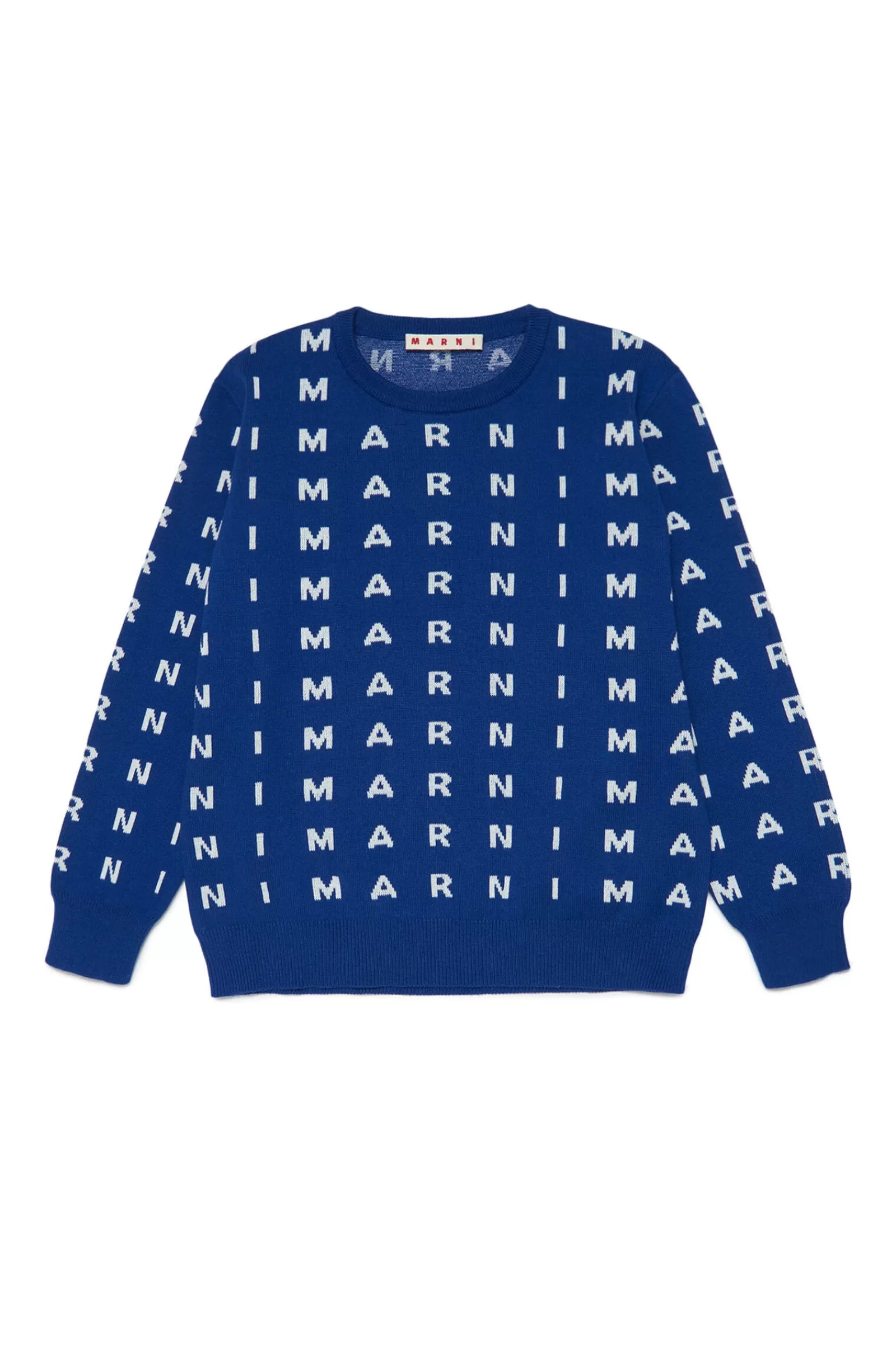 Maglieria<MARNI Maglione Blu Girocollo In Cotone Con Logo Allover Intarsiato Blu Surf The Web