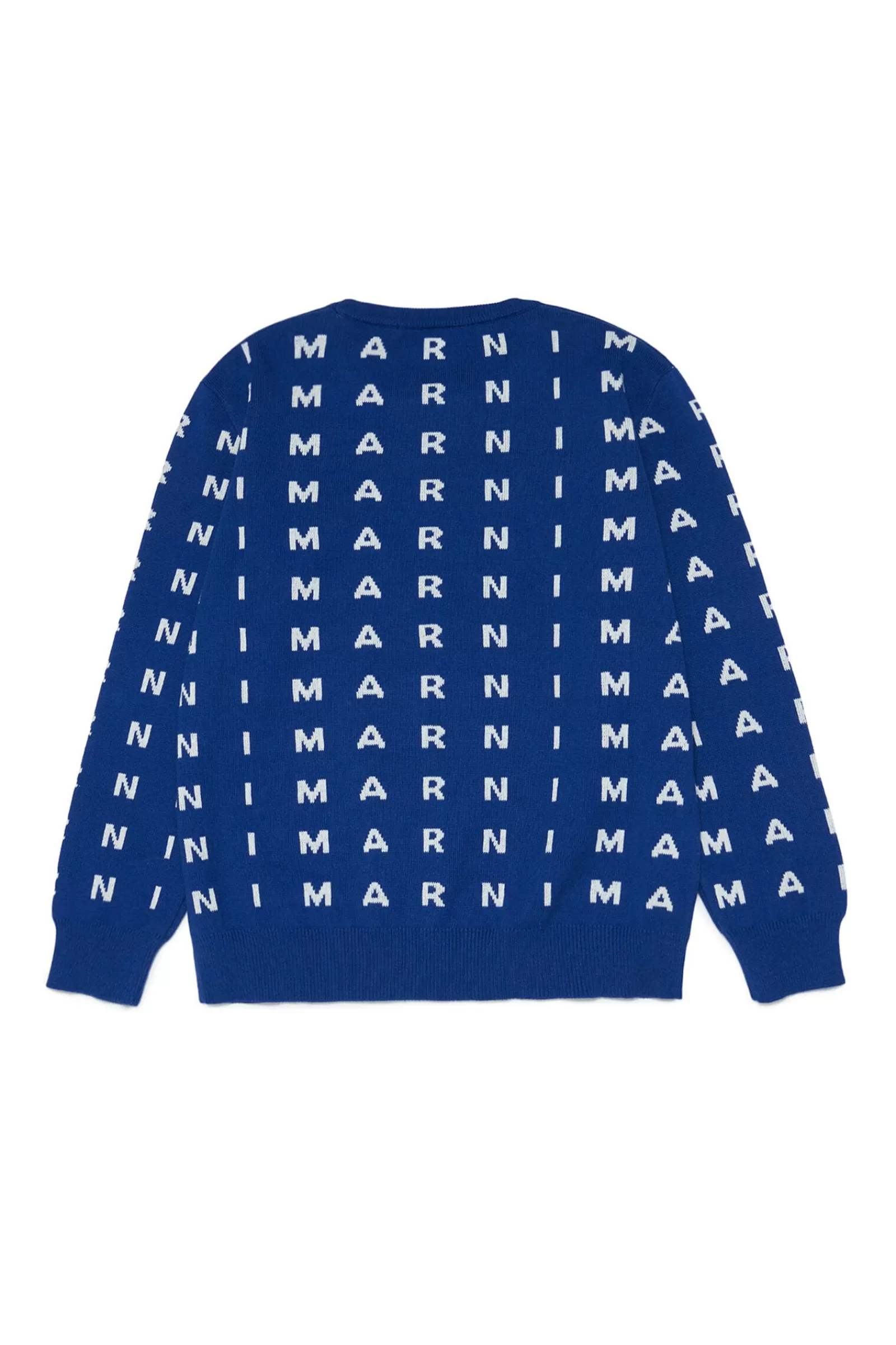 Maglieria<MARNI Maglione Blu Girocollo In Cotone Con Logo Allover Intarsiato Blu Surf The Web