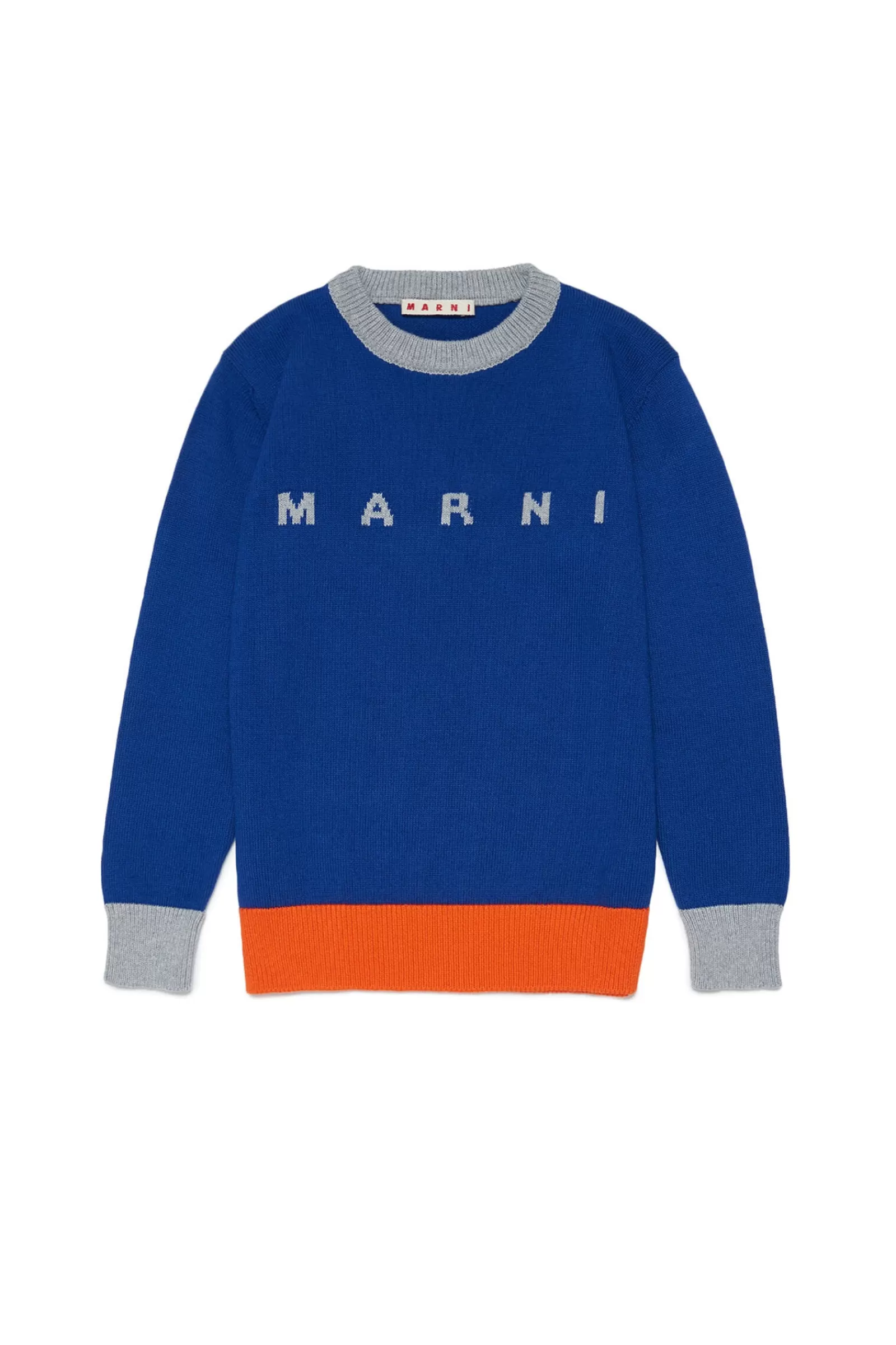 Maglieria<MARNI Maglione Blu Girocollo In Maglia Con Logo Jacquard Blu Surf The Web