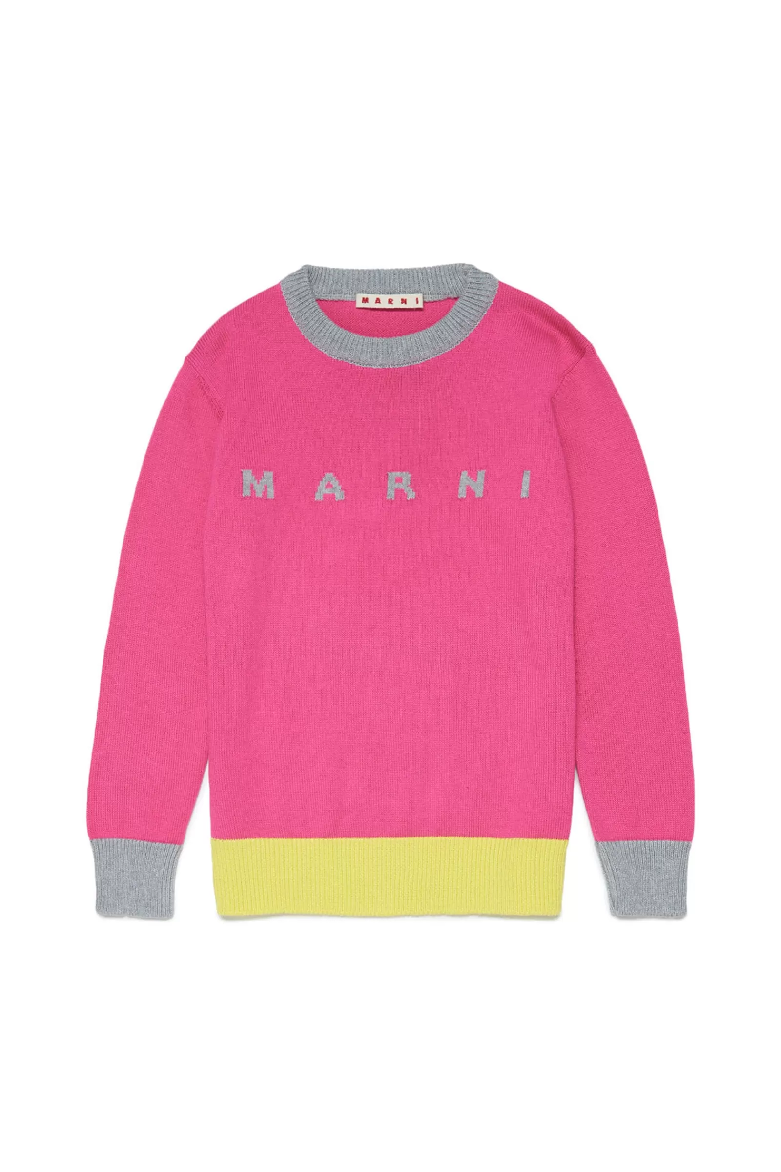 Maglieria<MARNI Maglione Fucsia Girocollo In Maglia Con Logo Jacquard Fucsia Luminoso