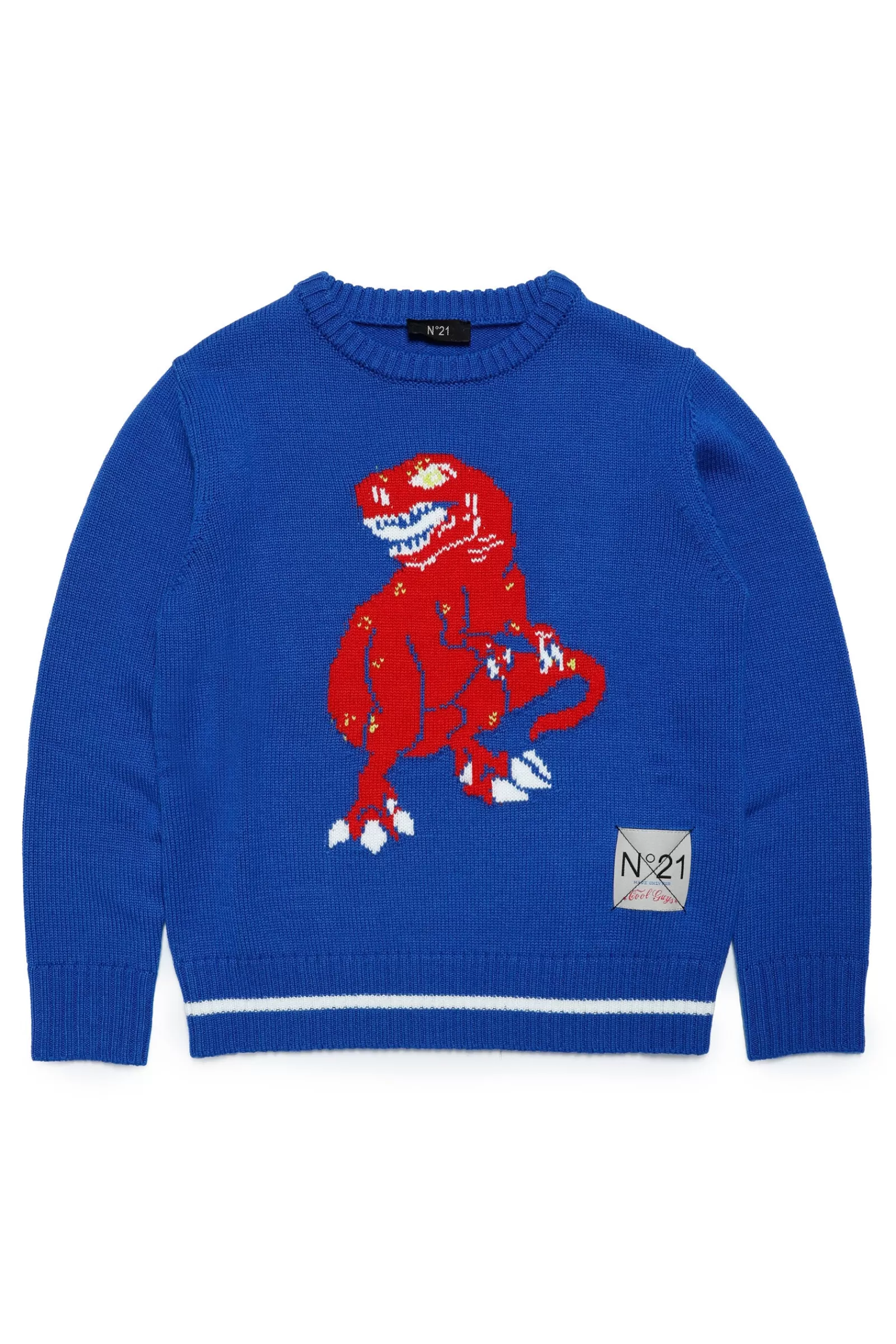 Maglieria<N°21 Maglione Girocollo In Misto Lana Con Grafica Dinosauro Blu Brillante