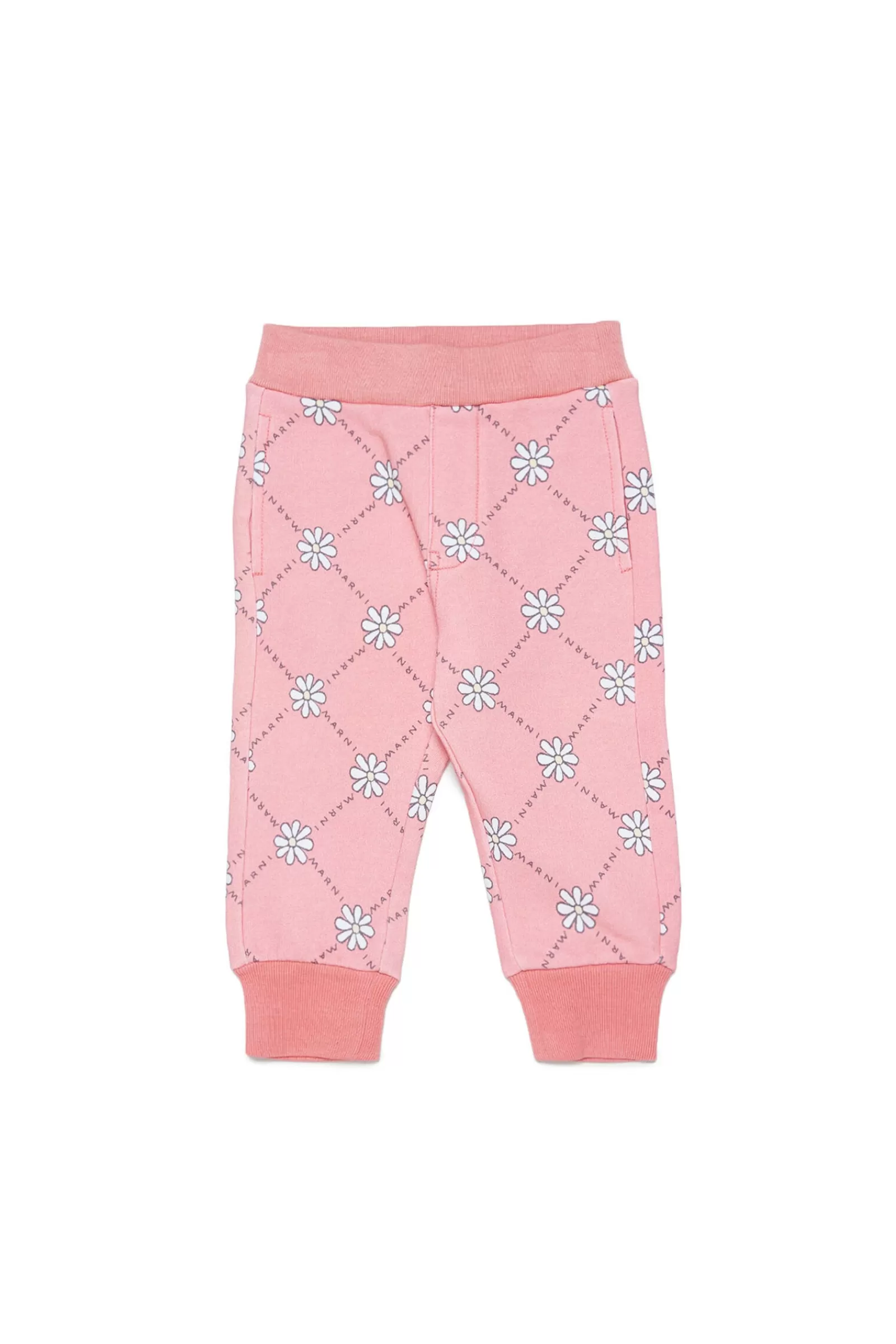 Pantaloni E Shorts<MARNI Pantaloni Rosa Pesca In Cotone Con Motivo Margherite Rosa Fiore Di Pesco