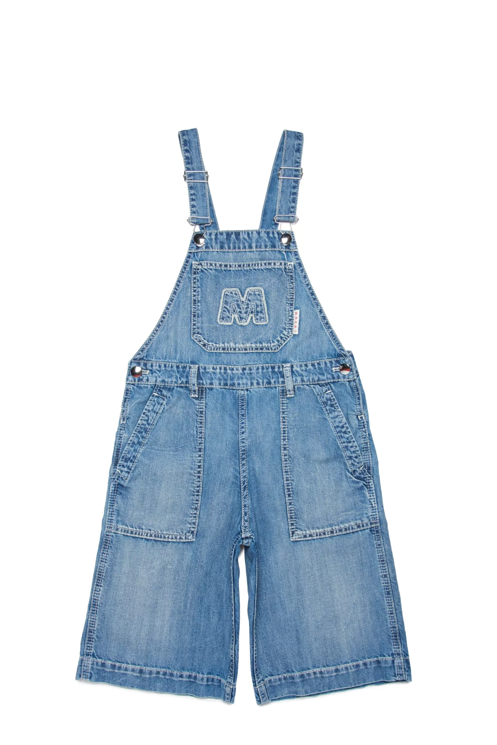 Tute<MARNI Salopette In Denim Chiaro Slavato Con Logo Big M Blu Denim