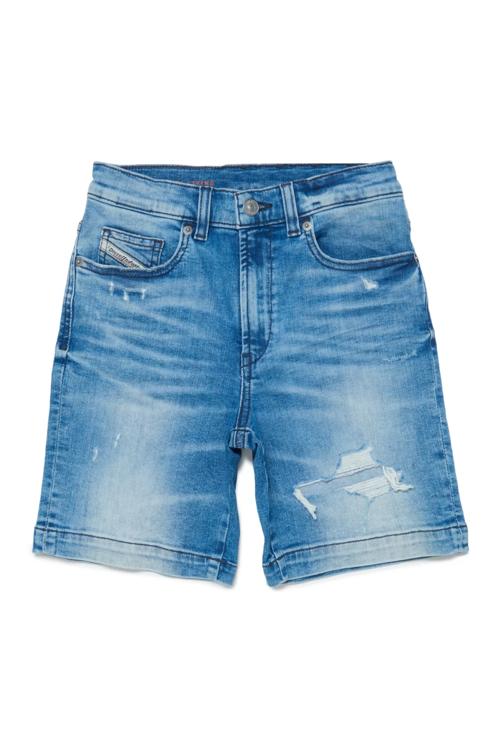 Pantaloni E Shorts<DIESEL Shorts In Denim Blu Con Piccole Rotture Blu Denim