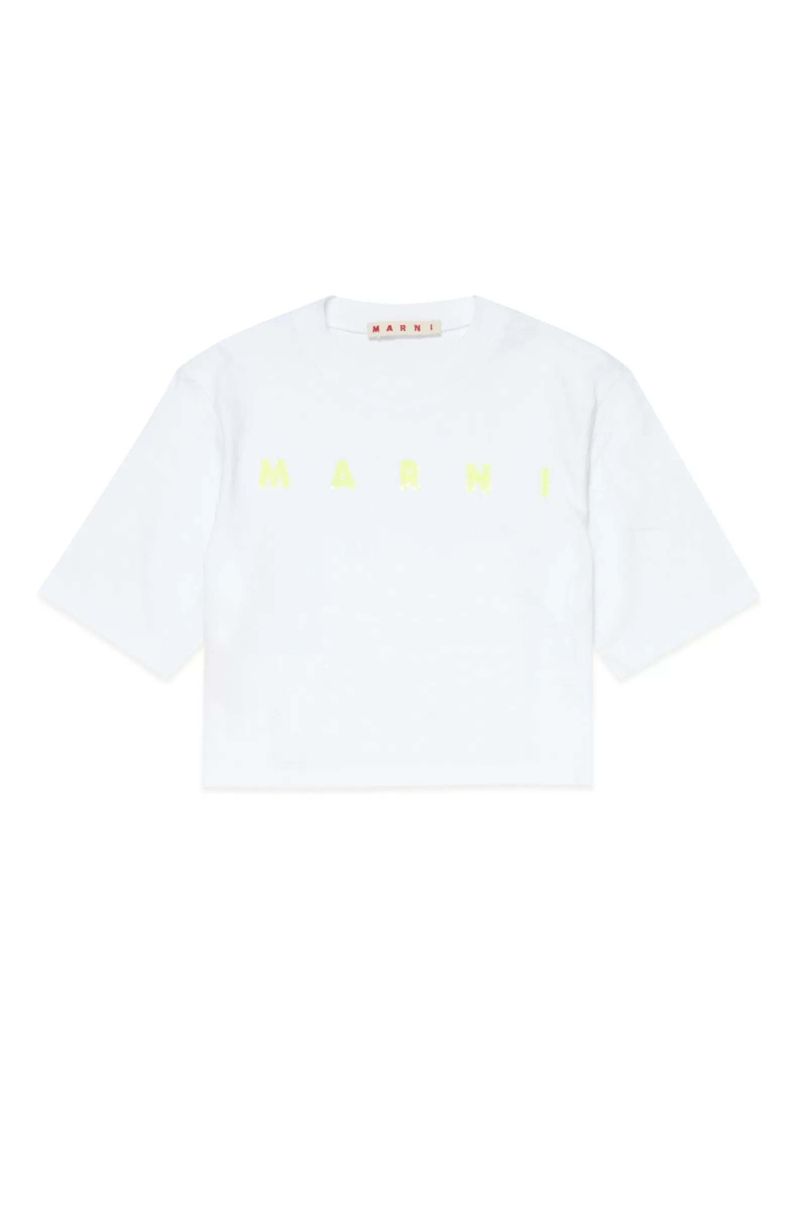 T-Shirt<MARNI T-Shirt Bianca Cropped In Jersey Con Logo In Paillettes Bianco