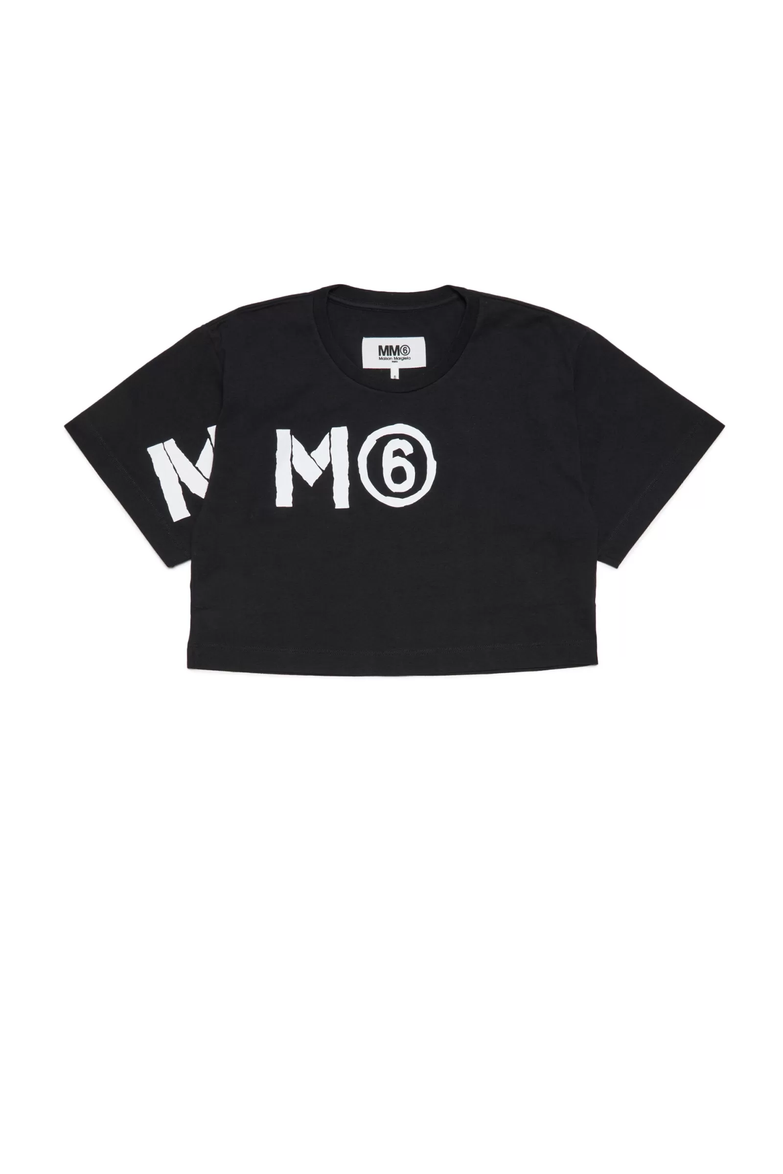 T-Shirt<MM6 MAISON MARGIELA T-Shirt Crop Girocollo In Jersey Con Logo Decentrato Nero