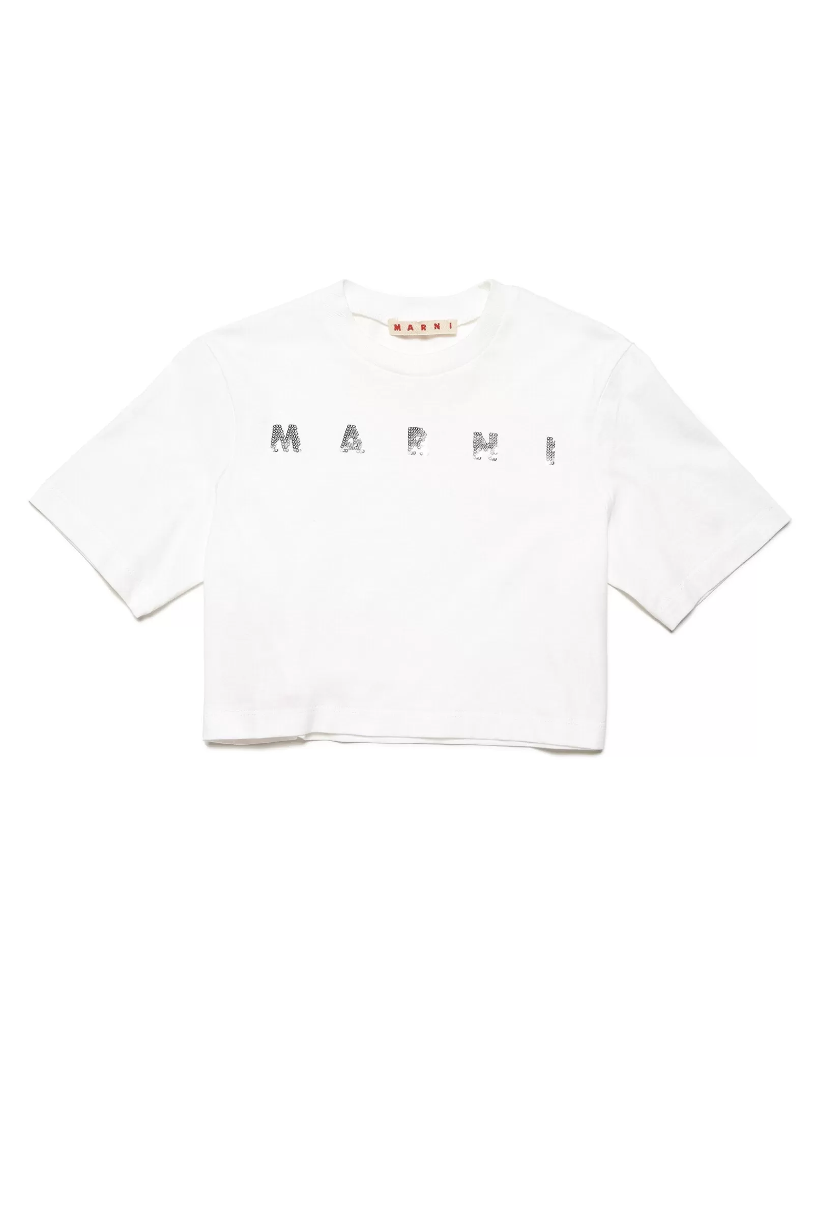 T-Shirt<MARNI T-Shirt Crop Girocollo In Jersey Con Logo In Paillettes Bianco Sporco