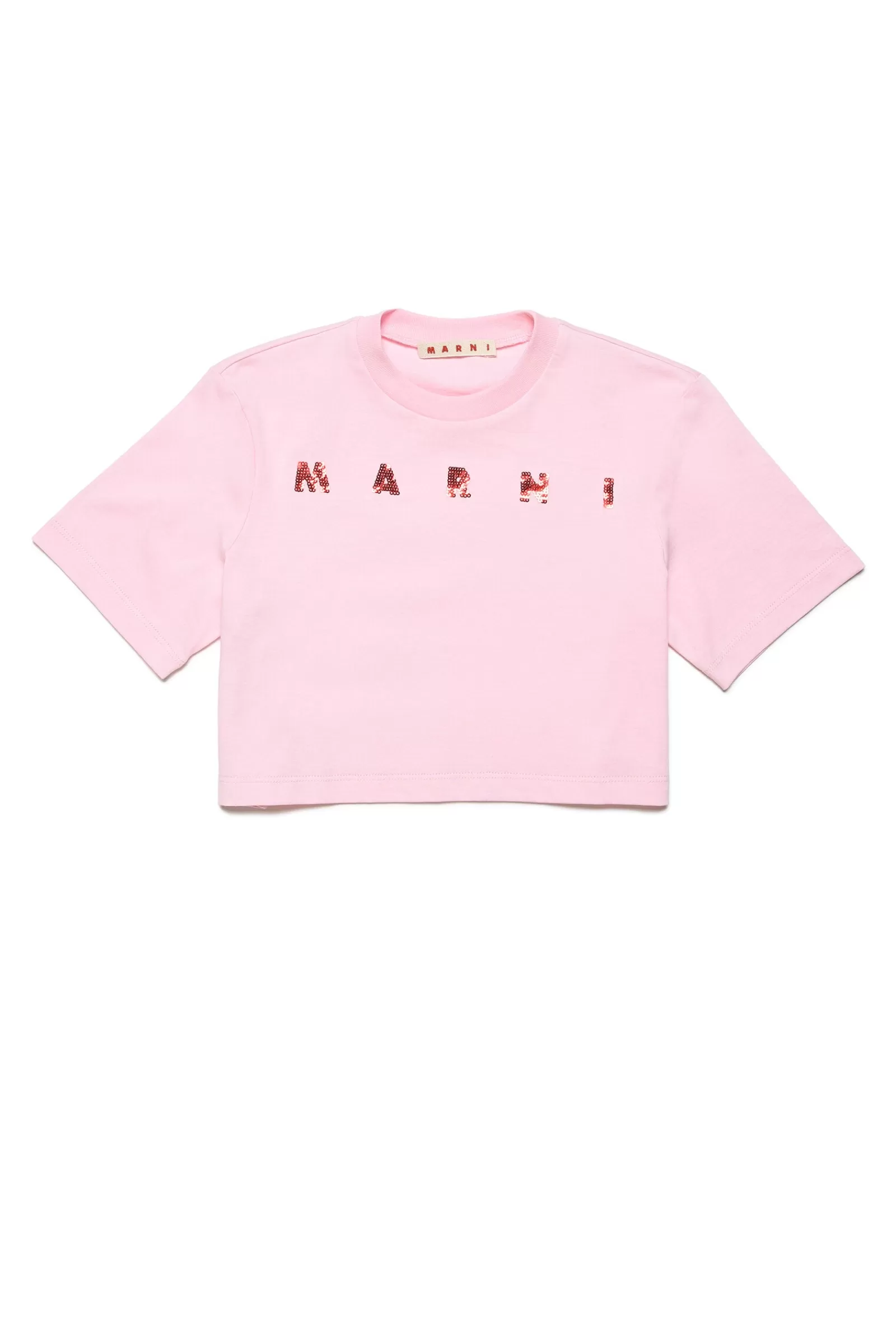 T-Shirt<MARNI T-Shirt Crop Girocollo In Jersey Con Logo In Paillettes Rosa Chiaro