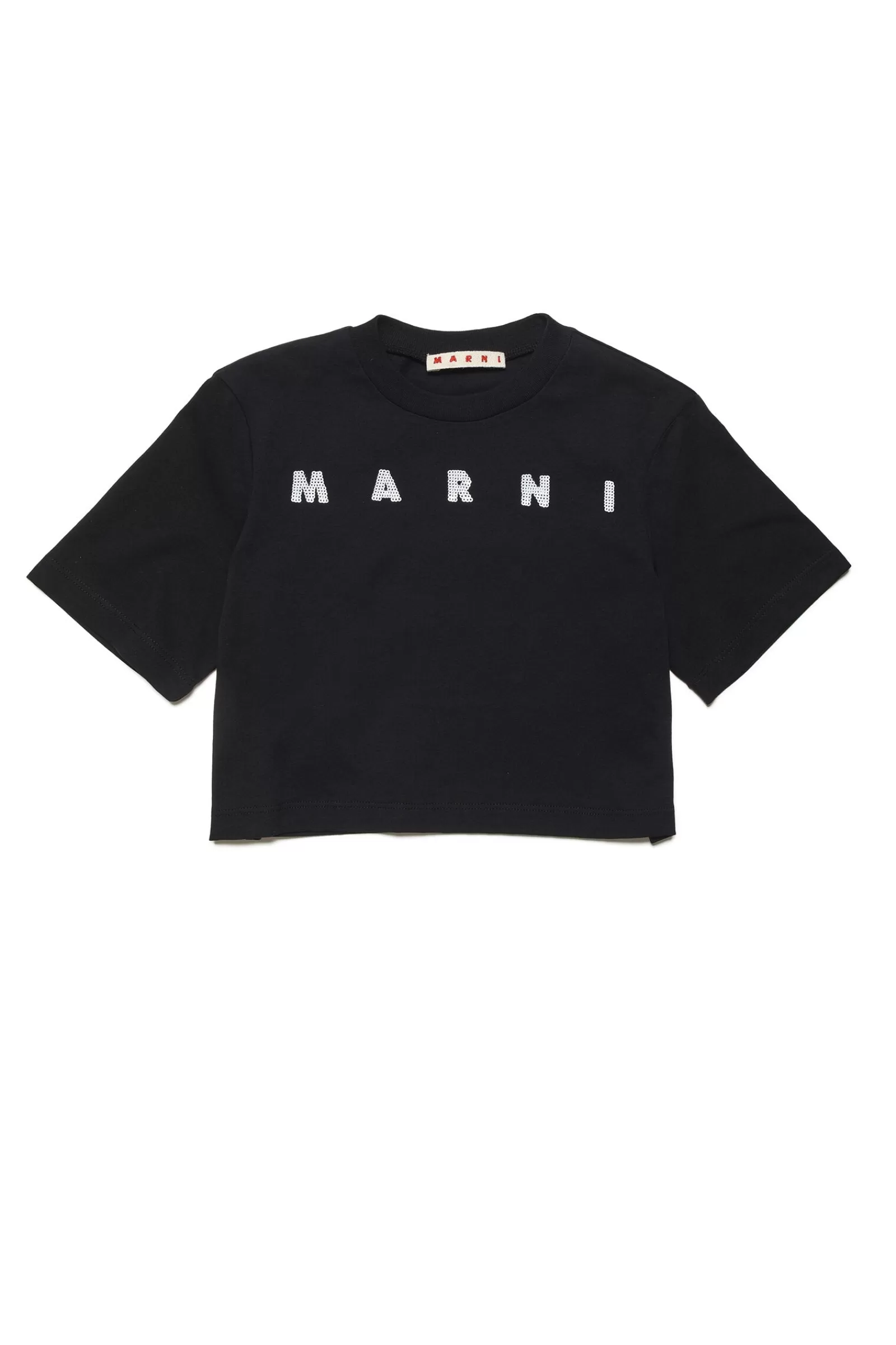 T-Shirt<MARNI T-Shirt Crop Girocollo In Jersey Con Logo In Paillettes Nero Denim