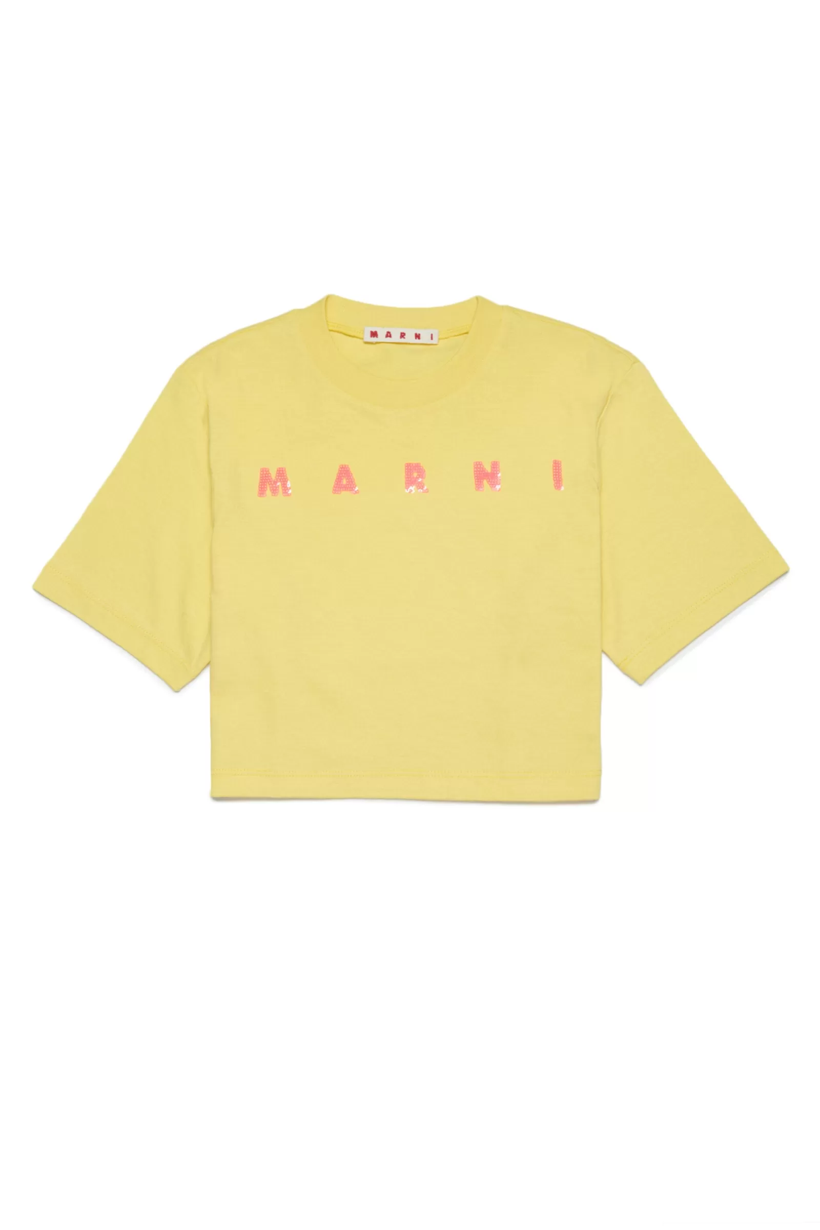 T-Shirt<MARNI T-Shirt Gialla Cropped In Jersey Con Logo In Paillettes Giallo Scorza Di Limone