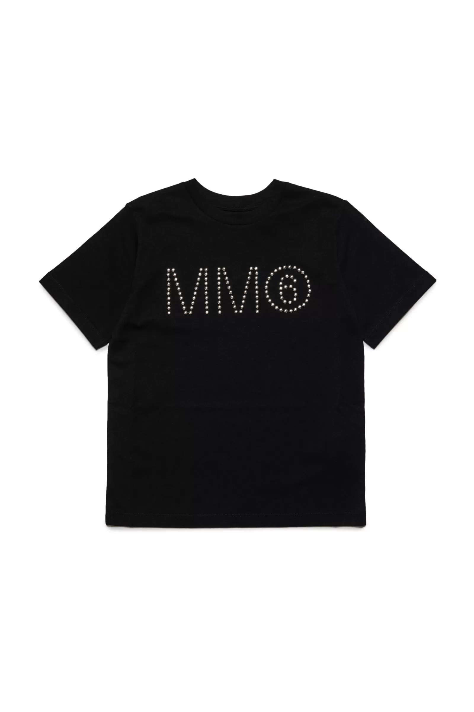 T-Shirt<MM6 MAISON MARGIELA T-Shirt Girocollo In Jersey Con Logo Borchiato Nero Denim